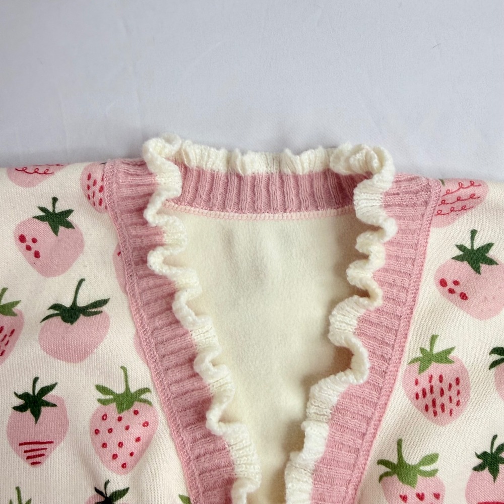 Womens Strawberry Print Ruffle Trim Knit Cardigan Pink Cream V-Neck Button Up - Picture 7 of 11